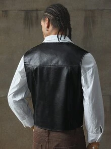 AXEPEAK 时尚百搭男士 PU 皮背心，秋冬 - 黑色 - 查看 3