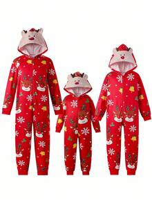 Men's Red Christmas Graphic Long Sleeve Hooded Jumpsuit Loungewear Christmas Family Pajamas Hooded Pajamas, For Fall, Winter