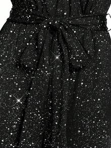 Ellevyn 女式 V 领针织弹力修身闪亮灯笼袖收腰修身黑色直筒裤，秋冬季长袖连体裤，适合万圣节 - 黑色 - 查看 14