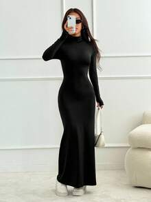 SHEIN PETITE Damen elegantes einfarbiges Maxi Rollkragen Langarm Bodycon Kleid, Frühling Herbst Langkleid Schwarzes Langkleid Winterliches sexy Langkleid Langarm Langkleid - Schwarz - Übersicht 7