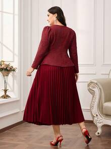 Modelyn Plus Size Women 3D Floral Decor V-Neck Puff Sleeve Top And Pleated Midi Skirt Elegant 2 Pieces Set