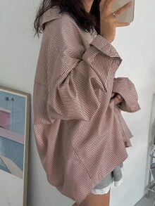 DAZY Women's Lapel Loose Striped Button-Down Shirt, Versatile, Blue, Spring/Summer/Fall Long Sleeve Top - Coffee Brown - View 2