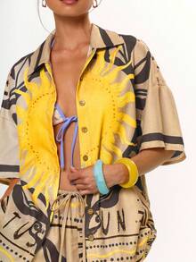 MUSERA 印花太阳图案纽扣短袖衬衫，适合度假、节日、休闲、优雅的托斯卡纳阳光海滩度假、伊比沙岛之旅，以及春夏穿着。 - 巧克力棕 - 查看 2