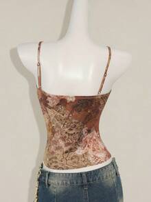 SHEIN ICON 女式休闲蕾丝边印花修身吊带背心 - 棕色 - 查看 6