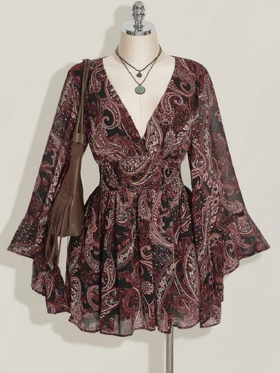 SHEIN ICON Plus Size Paisley Print Chiffon Flare Sleeve V-Neck Waist A-Line Dress, Boho, Hippie, Y2K, Suitable For Autumn, Nomadic Style, Summer Vacation, Music Festival, Graduation & Back To School Season