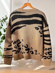 GlowEve Classic Popular Versatile Round Neck Colorblock Leopard Print Pattern Loose Comfortable Casual Long Sleeve Sweater, Unique Stylish Durable Design For Women, Autumn/Winter - Khaki - View 2