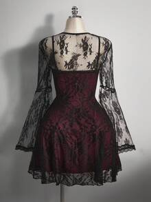 SHEIN ICON Váy ren phối màu cổ vuông cỡ lớn, váy dự tiệc Y2K tay loe, bộ hai mảnh ren nhún vai, trang phục Halloween - Màu Đỏ Sâu - Xem 2