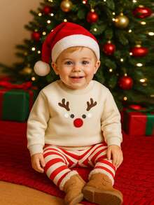 SHEIN Playful Pals 2pcs/Set Baby Boy Christmas Themed Sweatshirt With Applique Embroidery & Striped Allover Print Sweatpants, Suitable For Autumn/Winter Daily Wear, Outings, Parties/Christmas Clothes Outfit Fall