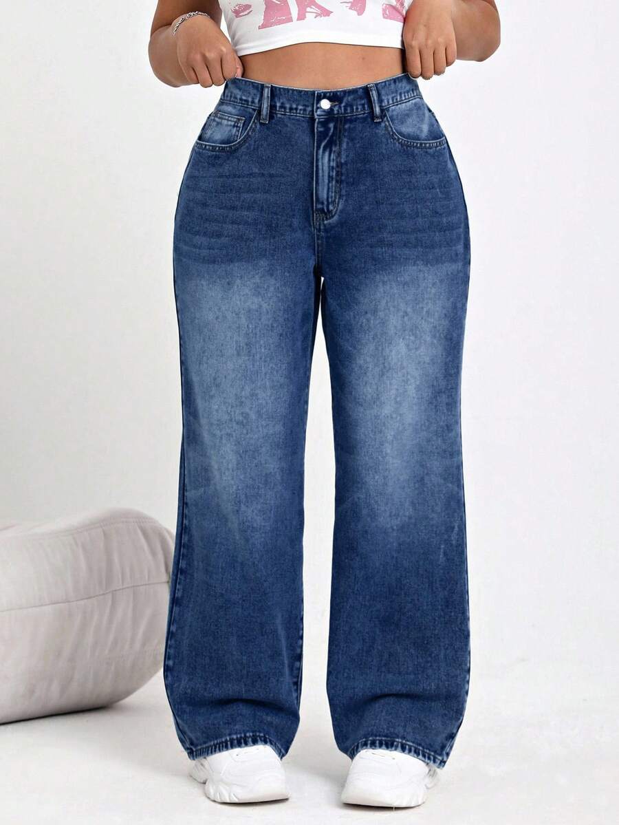 SHEIN ICON Jeans casuales holgados de talle alto con bolsillos para mujer de talla grande - Azul - Ver 1