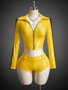 SHEIN ICON Women's Autumn And Winter Halloween COS Costume Sexy Avant-Garde Fashion Retro Yellow And Black Contrast Leather Stitching Slim-Fit Cropped Jacket Low Waist Shorts Suit - Yellow - View 5