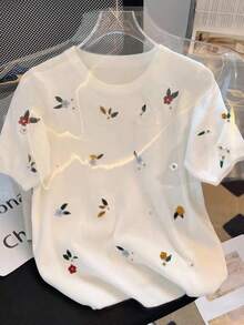 INAWLY Koszulka damska z okrągłym dekoltem i haftem kwiatowym w dużym rozmiarze, lato