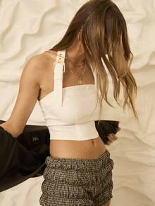 Aralina One Shoulder Halter Neck Metal Buckle Detail Sleek Silhouette Summer Vacation Outfits Women Tube Top - White - View 4