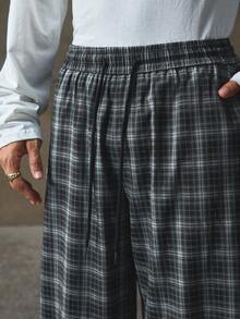 AXEPEAK 男士休闲日常格子阔腿裤，秋季 - 藏蓝色 - 查看 5