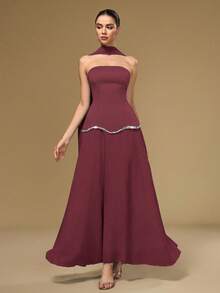 Coutiva Vestido Elegante de Coquetel Bodycon Sem Alças da Moda para Mulheres - Vinho - Visão 4