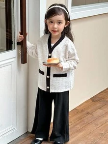 Genkimix Kids Set de 2 piezas con chaqueta de hombros caídos y pantalones rectos con decoración de bolsillo para niña casual - Beis - Ver 4