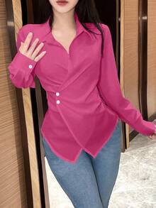 Chiquease 1pc Women's Solid Color Button & Ruffle Detail Elegant Office Long Sleeve Blouse Women Shirt - Hot Pink - View 6