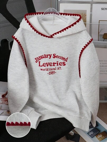 SHEIN 一件超大码少女时尚英文印花卫衣，宽松套头衫，浅灰色，撞色滚边，适合秋冬季节、户外活动、上学、旅行、聚会、通勤等场合，秋季必备单品