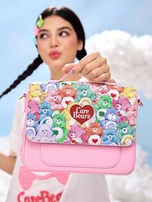 SHEIN X Care Bears 1pc Cartoon Print PU Leather Handbag With Adjustable Shoulder Strap, Large Capacity Suitable For Commuting, School, Weekend Trips, Energetic & Cute, Bag, College Style, Cheer Bear, Bear, Share Bear - Pink - View 1