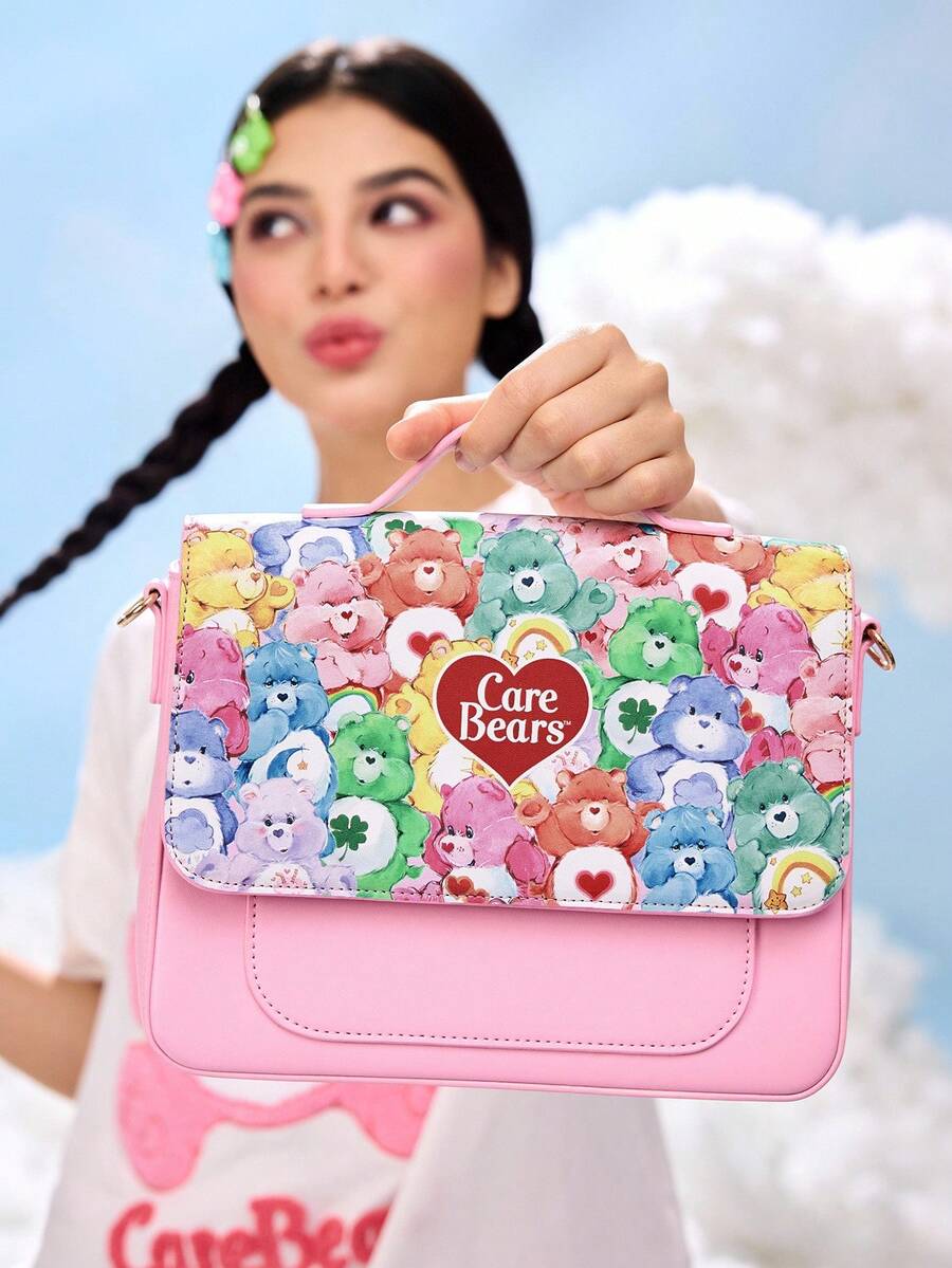 SHEIN X Care Bears 1pc Cartoon Print PU Leather Handbag With Adjustable Shoulder Strap, Large Capacity Suitable For Commuting, School, Weekend Trips, Energetic & Cute, Bag, College Style, Cheer Bear, Bear, Share Bear - Pink - View 1