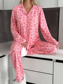 EURMUSE Women 2 Pcs Button Front With Animal Pattern Pocket Detail Long Sleeve Shirt&Pants Homewear Pajama Set Womens Pajama Set Pajama Pink Pink Pajamas Pink Animal Print Pajamas Animal Print Pajama Set - Pink - View 5