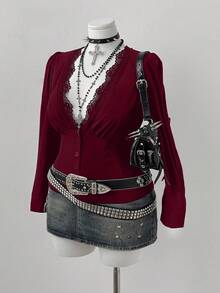 Flirla Plus Size V-Neck Ruffle Trim Casual Short Sleeve Blouse For Women Fall - Burgundy - View 3