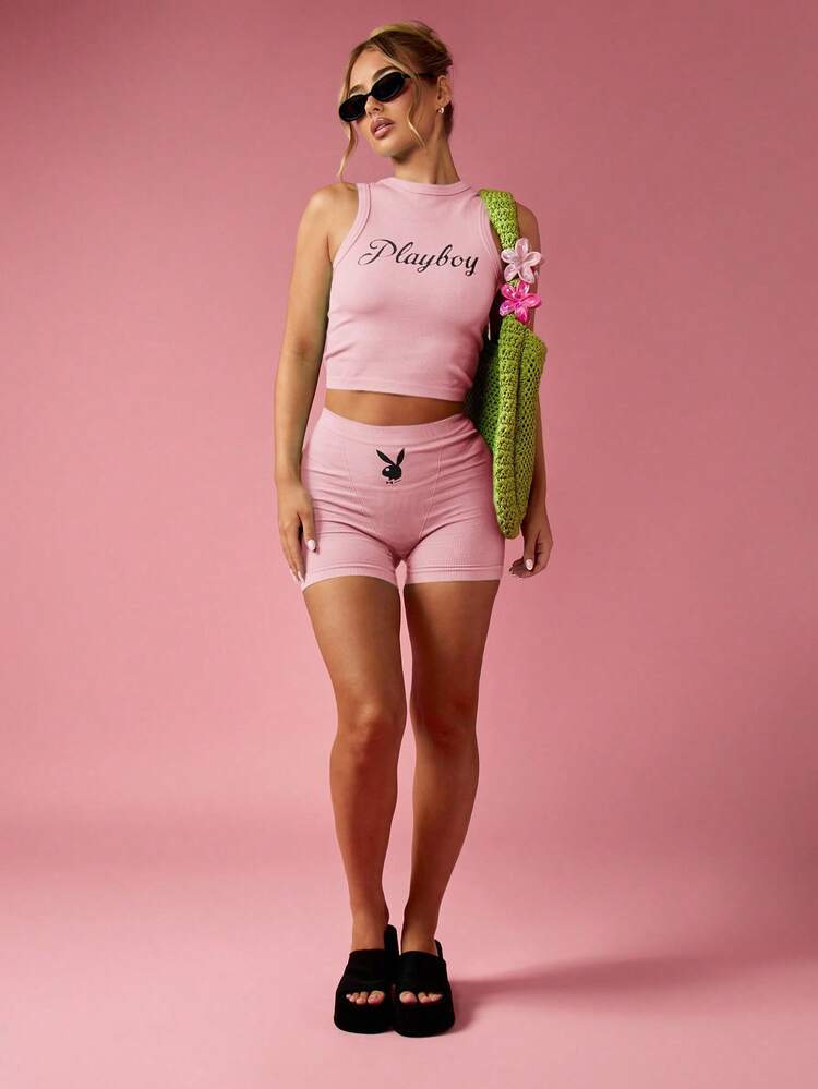 Missguided x Playboy Ribbed Racerback Sleeveless Crop Tank High Neck Stretch Form Fitting Summer Casual Fashion Basic Essential