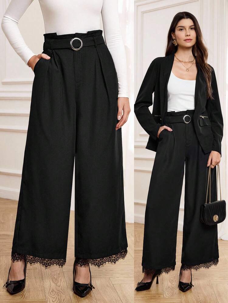Autumn And Winter Women's Elegant Trousers, Lotus Leaf Waist With Metal Buckle Belt Design, Lace Hem Splicing Design Elements, Women's Versatile Black Trousers Wide-Leg Trousers, Fashionable Women's Trousers, Elegant Trousers For Going Out,Women's Fall Pants,Chic Women's Pants, Zip-Up Pants,Lack Pants