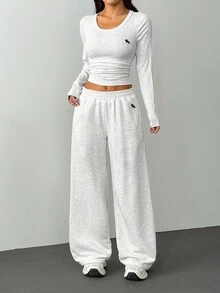 SHEIN PETITE 女士灰色刺绣细节长袖两件套家居服套装 - 灰色 - 查看 8