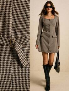 Poéselle 女式优雅千鸟格领长袖单排扣通勤连衣裙，秋季 - 棕色 - 查看 1