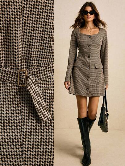 Poéselle 女式优雅千鸟格领长袖单排扣通勤连衣裙，秋季