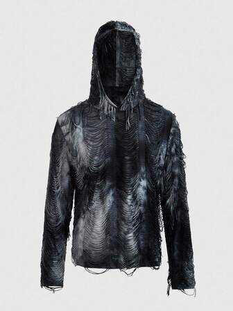Grunge Punk Casual Loose Fit Long Sleeve Hooded Textured Hollow Out Sweatshirt For Men, Fall