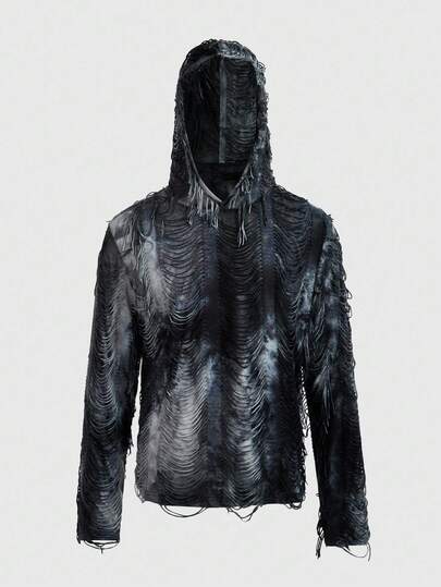 Grunge Punk Casual Loose Fit Long Sleeve Hooded Textured Hollow Out Sweatshirt For Men, Fall