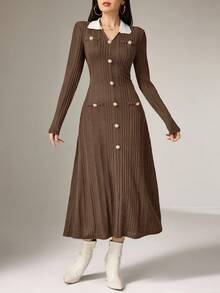 Heiryn فستان أنيق بأكمام طويلة وأزرار للنساء بطول متوسط - بني داكن - مشاهدة 4