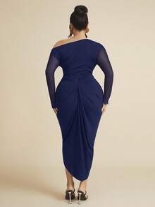SHEIN BAE Plus Size Women Ruched Mesh Long Sleeve Semi-Sheer Dress Fall - Navy Blue - View 4