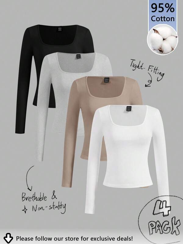 Tseoso 4 peças de camisetas femininas casuais e versáteis de manga comprida com gola quadrada, 95% algodão, cor sólida, adequadas para primavera, outono e inverno