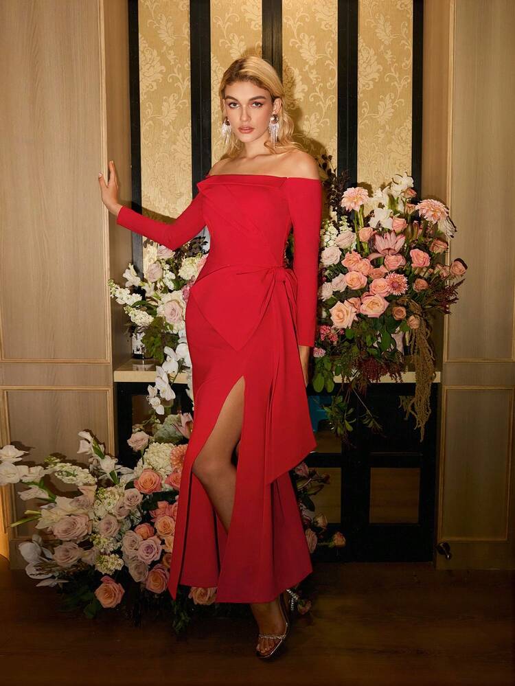MOTF Soiréza VESTIDO CÓCTEL CON HOMBROS AL DESCUBIERTO Y ABERTURA LATERAL