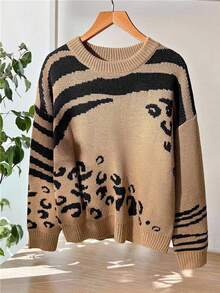 GlowEve Classic Popular Versatile Round Neck Colorblock Leopard Print Pattern Loose Comfortable Casual Long Sleeve Sweater, Unique Stylish Durable Design For Women, Autumn/Winter - Khaki - View 3