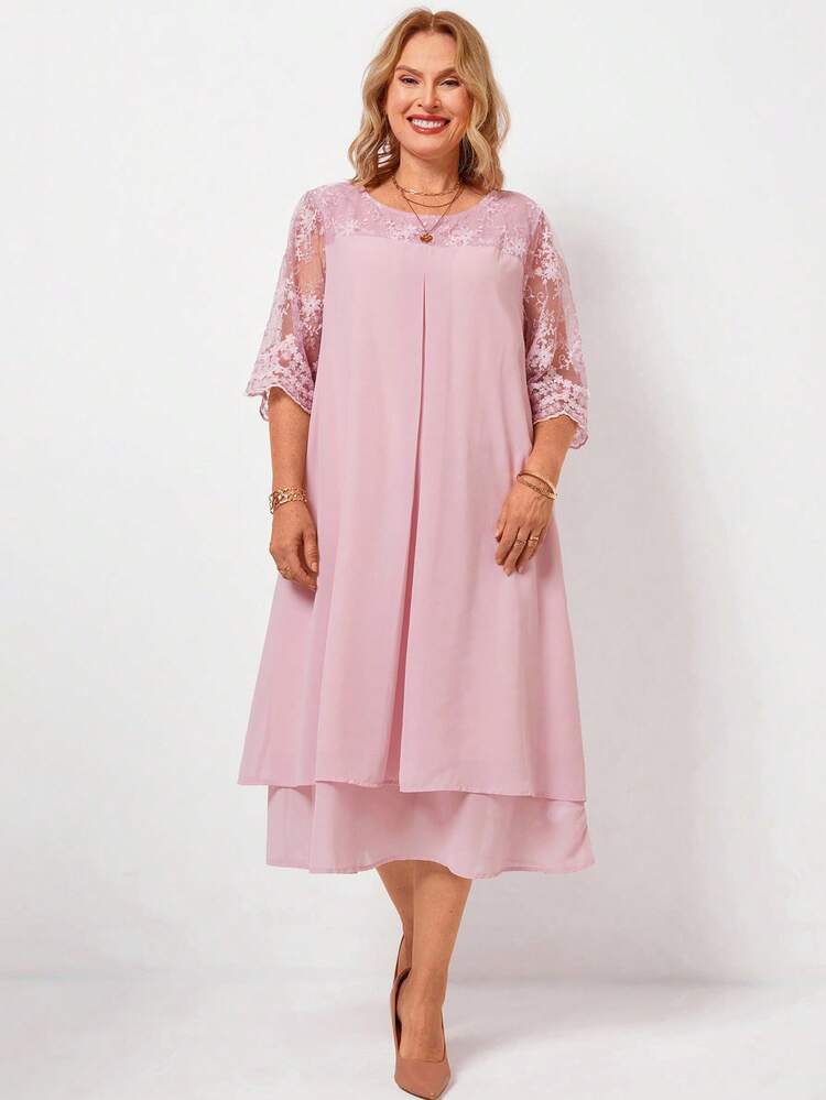 Plus Size Women's Round Neck Mesh Splice Casual Daily Wear Spring Summer Ripe Elegant Mom Pink Dress