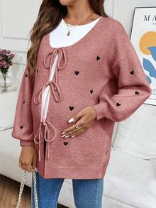 SHEIN Cardigan ample décontracté à manches tombantes avec motif en forme de cœur, à nouer devant. Hauts décontractés pour femmes. Chandail oversize pour femmes enceintes. Vêtements de maternité pour l'automne et l'hiver. Chandail avec nœud.