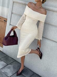 Chiquease Off Shoulder Knit Bodycon Dress, Sexy & Slimming, Long Sleeve - Apricot - View 5
