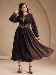 Anewsta 女士时尚新款性感镂空修身长袖水钻亮片优雅派对连衣裙 - 棕色 - 查看 7