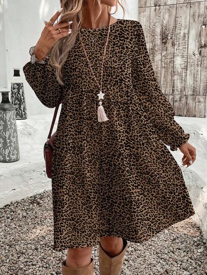EMERY ROSE Casual Minimalist Leopard Print Elegant Women's Mid-Length Dress, Autumn/Winter Cheetah Dress For Women Leopard Dress Animal Print Dress Fall Clothes For Women,Cheetah Print