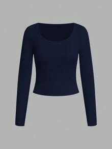 SHEIN EZwear 海军蓝女式休闲简约圆领罗纹面料修身长袖打底 T 恤，适合秋冬季 - 藏蓝色 - 查看 6