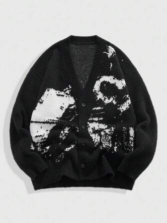 Street Life Men's Open Front Dark Butterfly Jacquard Fuzzy Knit Cardigan, Streetwear, Fall/Winter