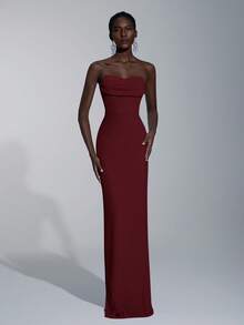 Elitara Elegant Minimalist Split Bandeau Plunging Neckline Fitted Maxi Slit Back Bridesmaid Dress - Burgundy - View 5