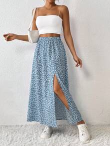 SHEIN PETITE CURVE Plus Size Women's Ditsy Floral High Split Skirt, Summer Women Summer For Vacation Country Concert Floral Print Maxi Skirt People Of Shorter Stature - Blue - View 3