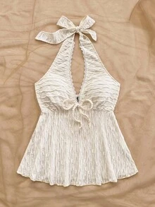 Soleia 女士度假针织提花纹理吊带打结 V 领褶饰 A 字背心，适合派对、约会、情人节、海滩、游轮、下午茶 - 白色 - 查看 4