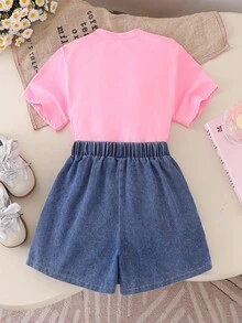 SHEIN 青少年女孩 2件組圓領彩色馬卡龍網紗花卉短袖T恤與網紗花卉牛仔迷你裙套裝，春/夏 - 粉色 - 查看 2