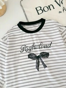 Genkimix Kids Tricou casual cu dungi și imprimeu cu funde pentru fete - alb - Vizualizare 3