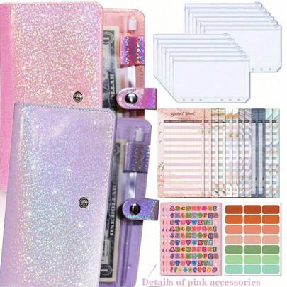 1 pieza Cuaderno de hojas sueltas de planificador presupuestario, con cubierta de PU con diseño de cielo estrellado, incluye bolsillo con cremallera, hoja de trabajo de presupuesto, organizador de efectivo, seguimiento de gastos y planificador de ahorros para planificación financiera, gestión de efectivo y desafío de ahorro, útiles escolares, vuelta al cole